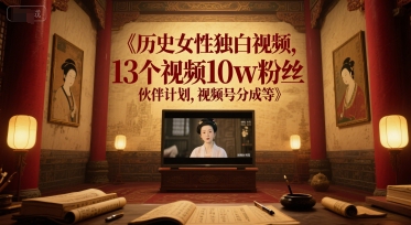 历史女性独白视频，13个视频10w粉丝，伙伴计划，视频号分成等-彼飞网创