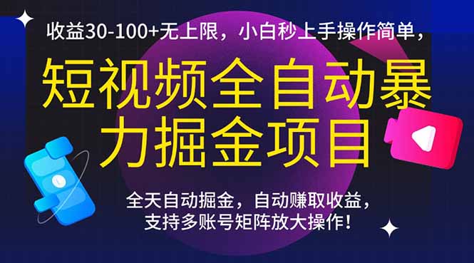 短视频全自动暴力掘金项目，收益30-100+无上限，小白秒上手，操作简单，..-彼飞网创