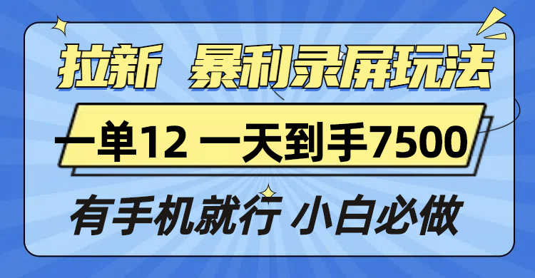 拉新暴利录屏玩法，一单12块，一天到手7500，有手机就行-彼飞网创