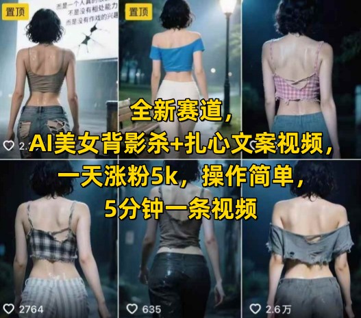 全新赛道，AI美女背影杀+扎心文案视频，一天涨粉5k，操作简单，5分钟一条视频-彼飞网创
