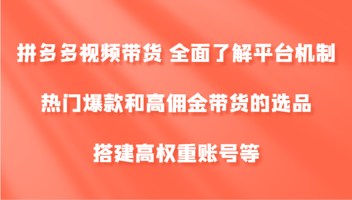 拼多多视频带货 全面了解平台机制、热门爆款和高佣金带货的选品，搭建高权重账号等-彼飞网创