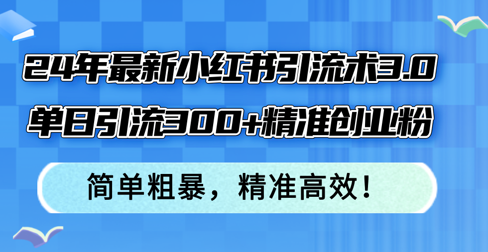 24年最新小红书引流术3.0，单日引流300+精准创业粉，简单粗暴，精准高效！-彼飞网创