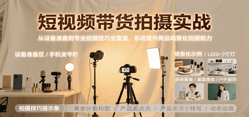 短视频带货拍摄实战，从设备准备到专业拍摄技巧全覆盖，系统提升商品场景化拍摄能力-彼飞网创