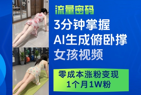 3分钟掌握AI生成俯卧撑女孩视频，零成本涨粉变现，1个月1W粉-彼飞网创