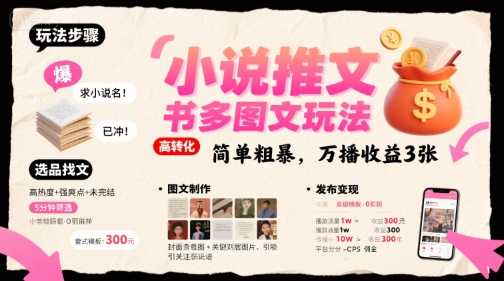 小说推文小红书多图文玩法，简单粗暴，万播收益3张-彼飞网创