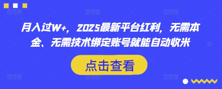 月入过W+，2025最新平台红利，无需本金、无需技术绑定账号就能自动收米-彼飞网创