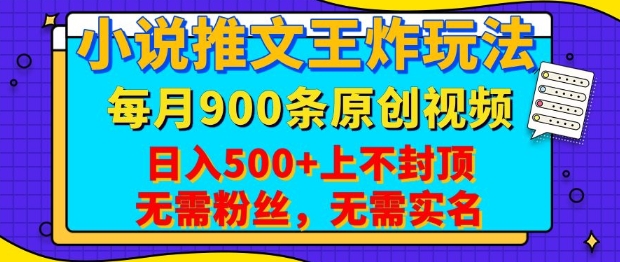 小说推文王炸玩法，一键代发，每月最多领900条原创视频，播放量收益日入5张，无需粉丝，无需实名【揭秘】-彼飞网创