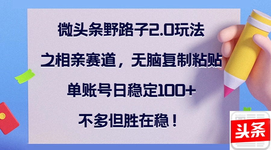 微头条野路子2.0玩法之相亲赛道，无脑复制粘贴，单账号日稳定100+，不…-彼飞网创