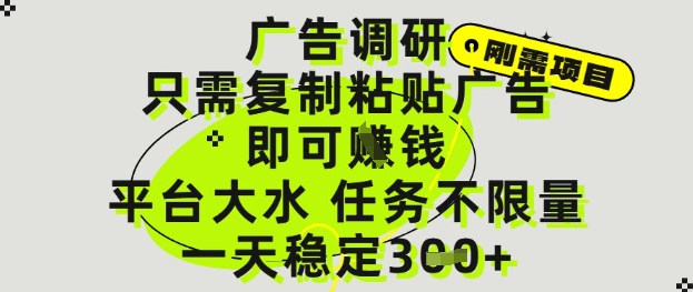 广告调研项目，只需复制粘贴广告即可挣钱，平台大水，任务不限量，一天3张【揭秘】-彼飞网创