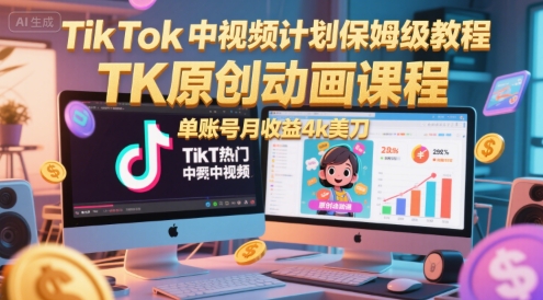 TikTok中视频计划保姆级教程，TK原创动画课程，单账号月收益4k美刀-彼飞网创