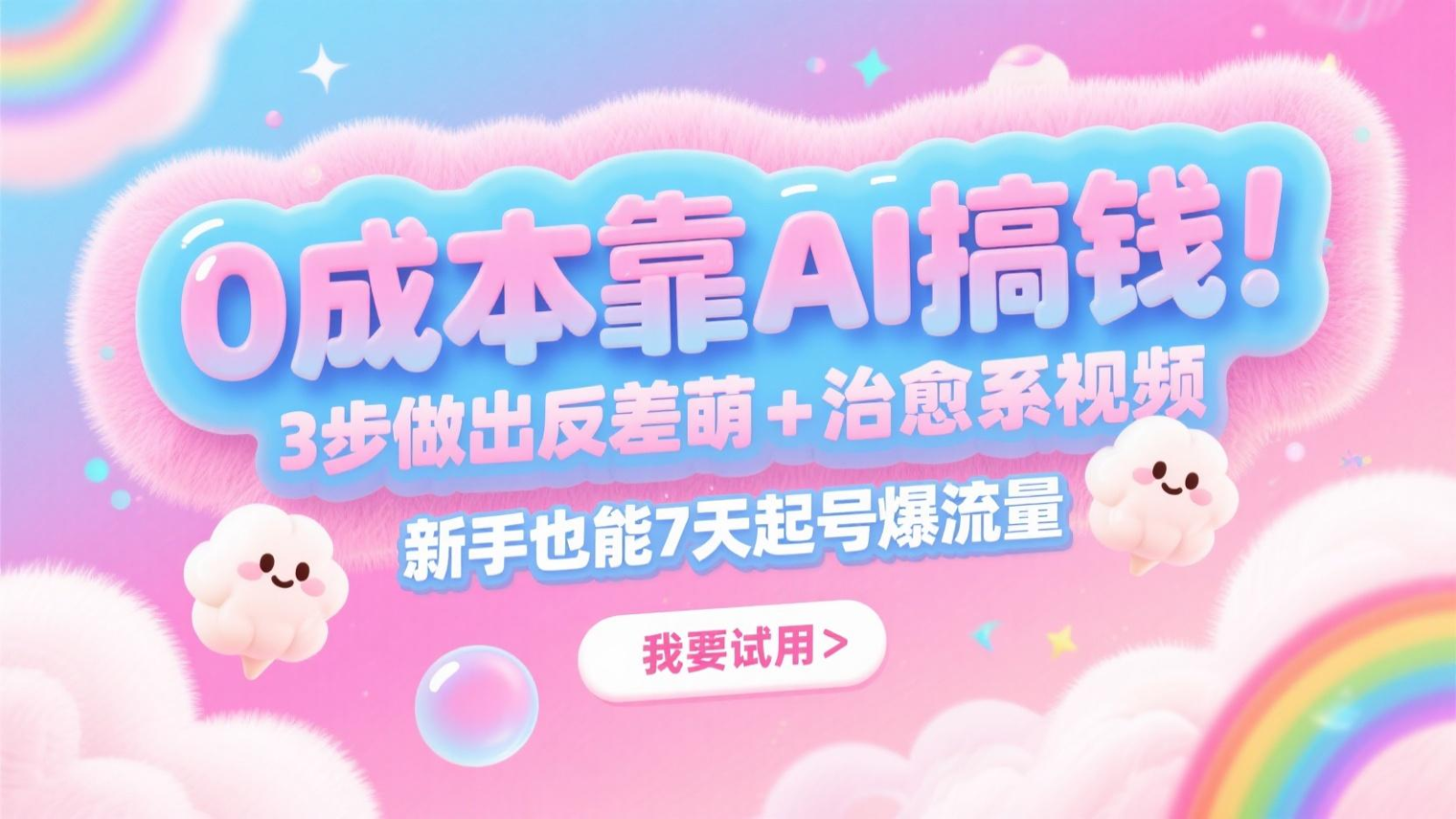 0成本靠AI搞钱！3步做出反差萌+治愈系视频，新手也能7天起号爆流量，月入5位数-彼飞网创