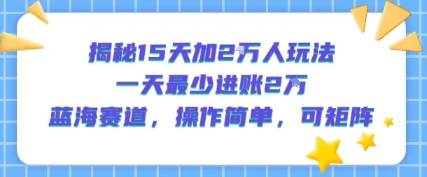揭秘15天加2W人玩法，一天最少2万进账，蓝海赛道，操作简单，可矩阵-彼飞网创