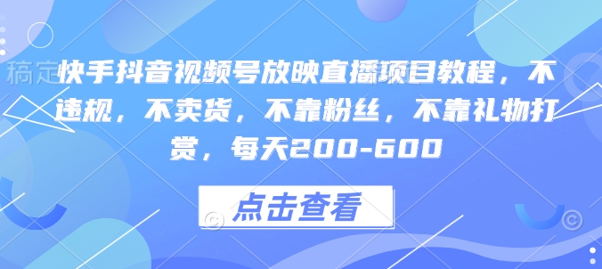 快手抖音视频号放映直播项目教程，不违规，不卖货，不靠粉丝，不靠礼物打赏，每天200-600-彼飞网创