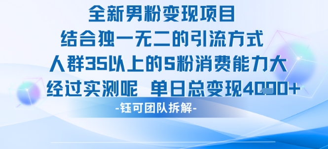 全新男粉变现项目引流人群35以上的男粉消费能力大 经过实测单日变现1k+-彼飞网创