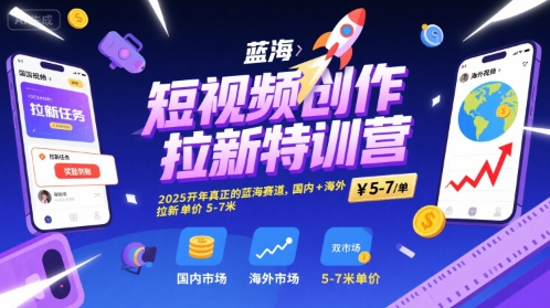 短视频创作拉新特训营，2025开年真正的蓝海赛道，国内+海外，拉新单价5-7米-彼飞网创