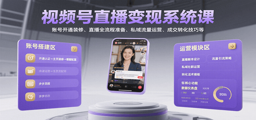 视频号直播变现系统课，账号开通装修、直播全流程准备、私域流量运营、成交转化技巧等-彼飞网创
