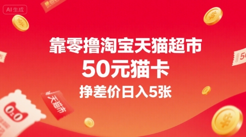 靠零撸淘宝天猫超市50元猫卡，挣差价日入5张-彼飞网创