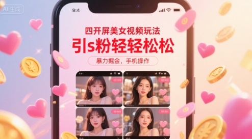 四开屏美女视频玩法，引s粉轻轻松松，暴力掘金，手机操作【揭秘】-彼飞网创