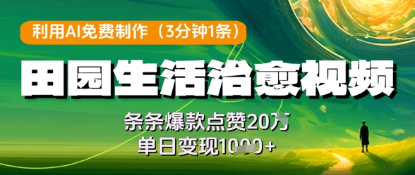 利用AI免费制作田园生活治愈视频，条条爆款点赞20W，单日变现几张-彼飞网创