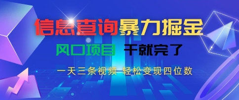 信息查询暴力掘金，一天三条视频，轻松变现四位数，风口项目干就完了【揭秘】-彼飞网创