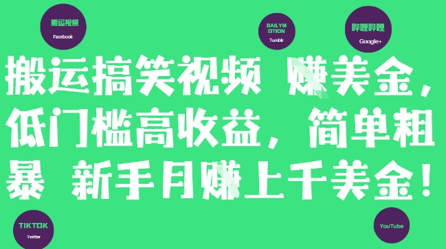 搬运搞笑视频挣美金，低门槛高收益，简单粗暴新手月入上千美刀-彼飞网创