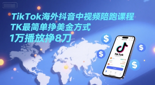 TikTok海外抖音中视频陪跑课程，TK最简单挣美金方式，1万播放挣8刀-彼飞网创