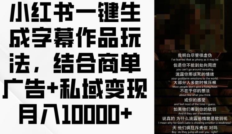 小红书一键生成字幕作品玩法，结合商单广告+私域变现月入1w+【揭秘】-彼飞网创