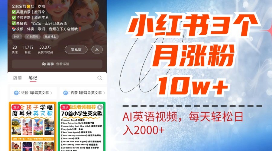 小红书三个月涨粉10W，AI英语视频0成本制作，每天轻松日入2000+-彼飞网创