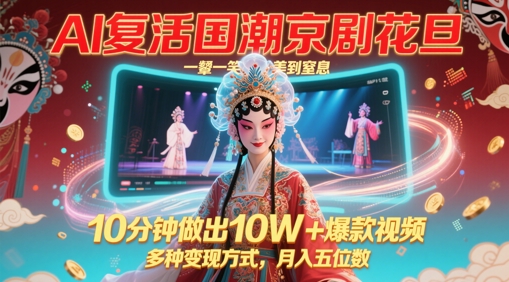 AI复活国潮京剧花旦，一颦一笑美到窒息，10分钟做出10W+爆款视频，多种变现方式，月入五位数-彼飞网创