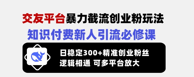 交友平台暴力截流创业粉玩法，知识付费新人引流必修课，日稳定300+精准创业粉丝，逻辑相通可多平台放大-彼飞网创