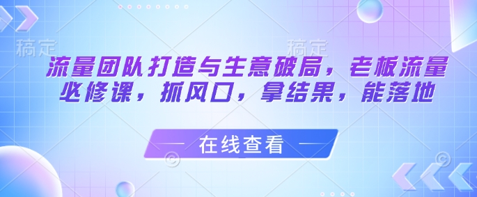 流量团队打造与生意破局，老板流量必修课，抓风口，拿结果，能落地-彼飞网创
