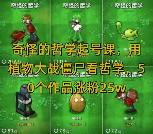 奇怪的哲学起号课，用植物大战僵尸看哲学，50个作品涨粉25w，暴力撸收益，全平台均可发布-彼飞网创