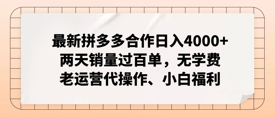 拼多多最新合作日入4000+两天销量过百单，无学费、老运营代操作、小白福利-彼飞网创