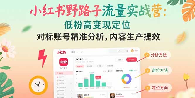 小红书野路子流量实战营：低粉高变现定位 对标账号精准分析 内容生产提效-彼飞网创