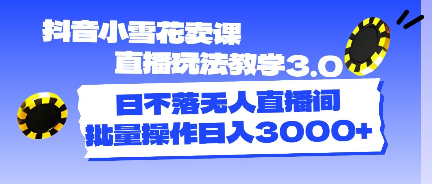 抖音小雪花卖课直播玩法教学3.0，日不落无人直播间，批量操作日入3000+-彼飞网创