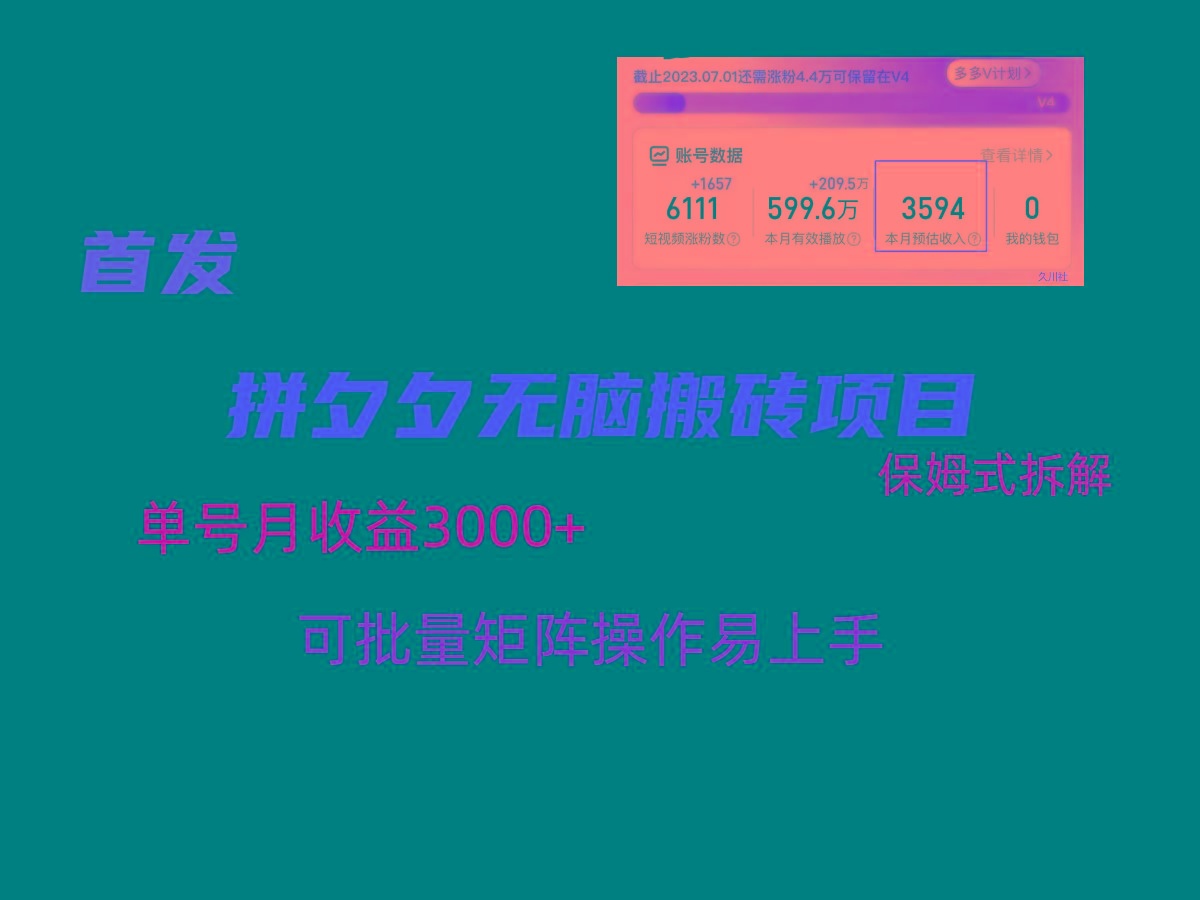 拼夕夕无脑搬砖，单号稳定收益3000+，保姆式拆解-彼飞网创