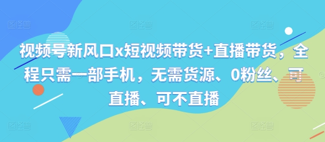 视频号新风口x短视频带货+直播带货，全程只需一部手机，无需货源、0粉丝、可直播、可不直播-彼飞网创