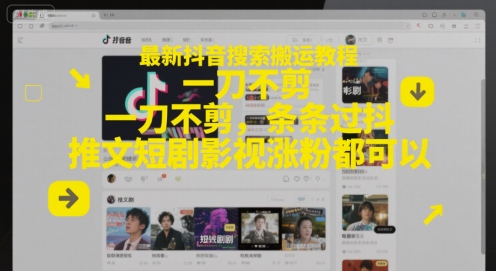 最新抖音搜索搬运教程，一刀不剪，条条过抖，推文短剧影视涨粉都可以-彼飞网创