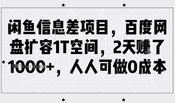 闲鱼信息差项目，百度网盘扩容1T空间，2天收益1k+，人人可做0成本-彼飞网创