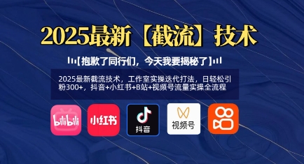 2025最新截流技术，工作室实操迭代打法，日轻松引粉300+，抖音+小红书+B站+视频号流量实操全流程-彼飞网创