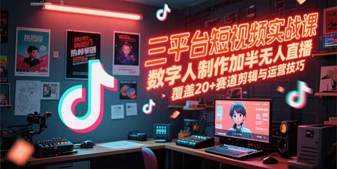 三平台短视频实战课，数字人制作加半无人直播，覆盖20+赛道剪辑与运营技巧-彼飞网创