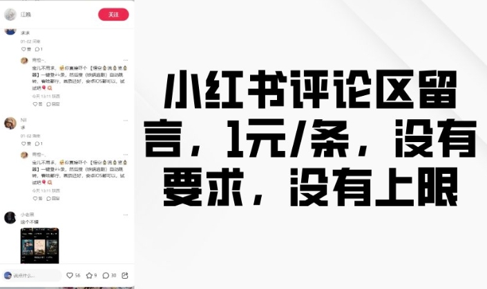 小红书评论区留言，1元条，没有要求，没有上限-彼飞网创