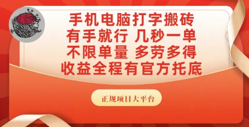 手机电脑打字搬砖，副业可发展主业来做蓝海项目，有手就行，几秒一单，不限单量，多劳多得【揭秘】-彼飞网创