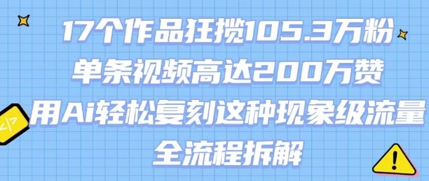 17个作品狂揽105.3W粉，单条视频高达200W赞，用Ai轻松复刻这种现象级流量!(全流程拆解)-彼飞网创