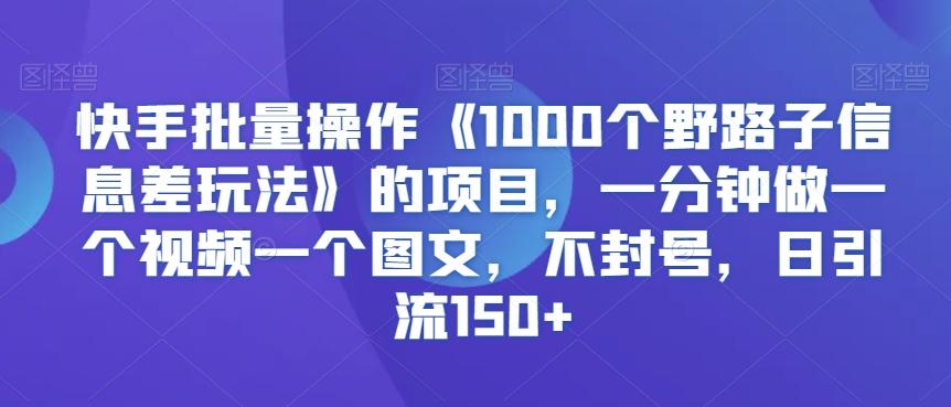 快手批量操作《1000个野路子信息差玩法》的项目，一分钟做一个视频一个图文，不封号，日引流150+【揭秘】-彼飞网创