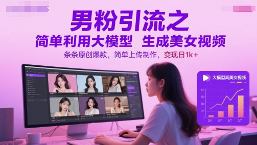 男粉引流之简单利用大模型生成美女视频，条条原创爆款，简单上传制作，变现日1k+-彼飞网创