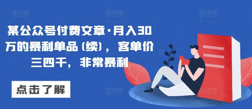 某公众号付费文章·月入30万的暴利单品(续)，客单价三四千，非常暴利-彼飞网创