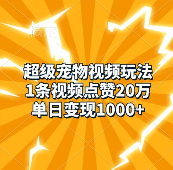 超级宠物视频玩法，1条视频点赞20万，单日变现1k-彼飞网创
