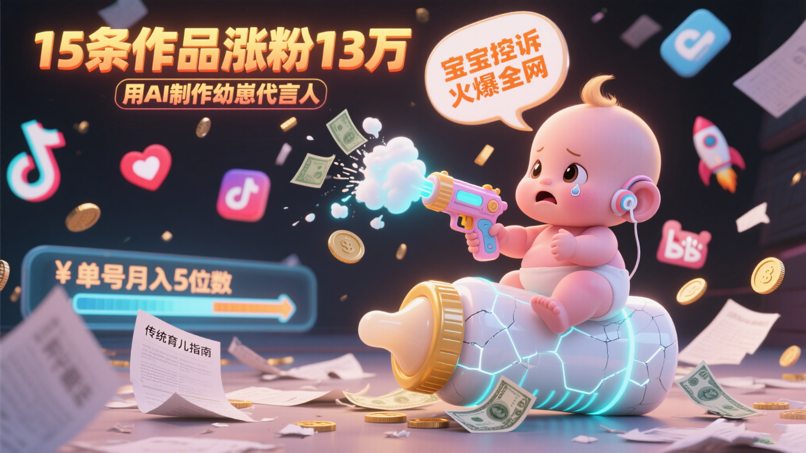 用AI制作幼崽代言人，宝宝的控诉火爆全网，15条作品涨粉13万，单号月入5位数实操教程-彼飞网创