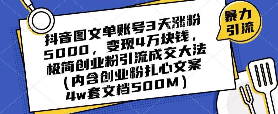 抖音图文单账号3天涨粉5000，变现4万块钱，极简创业粉引流成交大法-彼飞网创